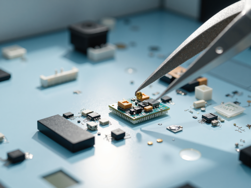 现代化电子仪器生产车间,工人正在组装精密半导体测试设备,蓝色工业背景,明亮自然光