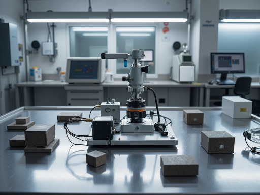 粉末电阻率测试仪正面图,不锈钢外壳,压力传感器,样品仓门,实验室设备背景