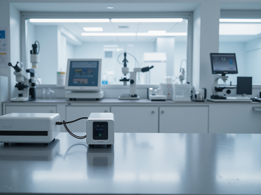 电导率测试仪正面图,银灰色金属外壳,彩色触摸屏,精密传感器接口,工业背景